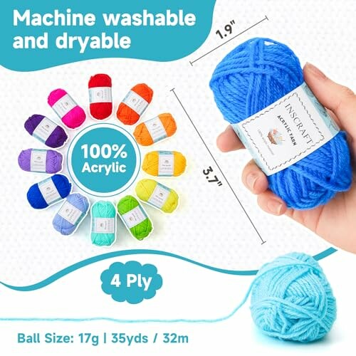 Colorful acrylic yarn set with hand holding blue yarn.