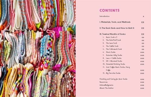 Stack of colorful socks next to book contents page.