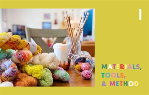 Colorful yarn balls and knitting needles on a table with text 'Materials, Tools, & Method'.