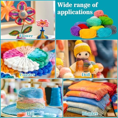 Various colorful yarn crafts including a flower, coaster, doll, hat, and blanket.