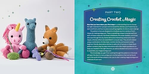 Crochet unicorn, llama, and fox with yarn and crochet tools beside a guide on creating crochet magic.