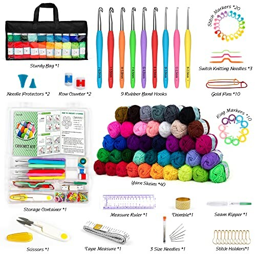 Complete crochet kit with yarn, hooks, and various accessories.