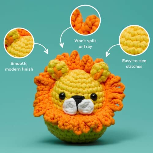 Crochet lion with yarn details highlighted for smooth finish, durability, and visible stitches.