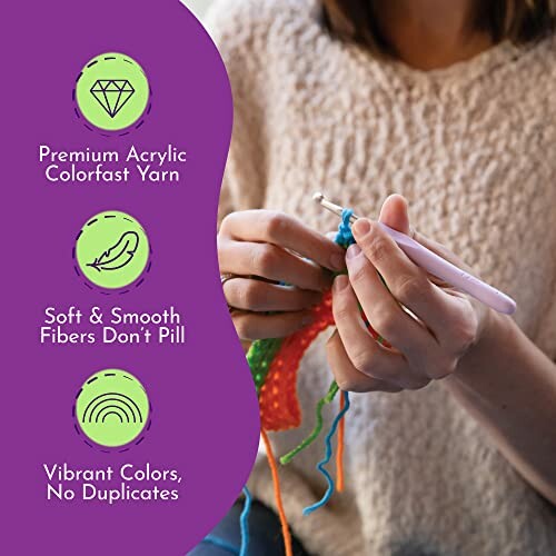 Person crocheting with premium acrylic yarn and benefits listed.