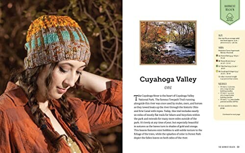 Woman wearing knitted hat with scenic Cuyahoga Valley image.