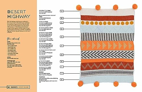 Colorful knitted pattern named 'Desert Highway' with instructions.