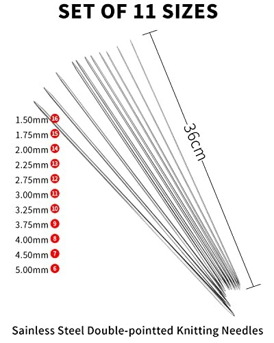 Set of 11 sizes stainless steel double-pointed knitting needles.