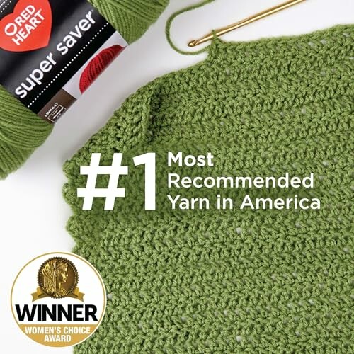 Green yarn crochet project with award badge and text stating '#1 Most Recommended Yarn in America'