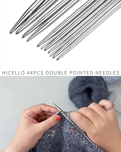 Hands knitting with double pointed needles and yarn.