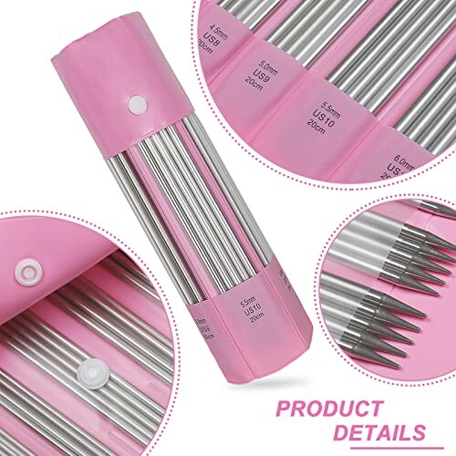 Pink case with metal knitting needles in various sizes.