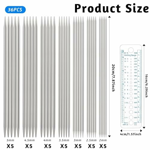 Set of 36 knitting needles with size gauge ruler.