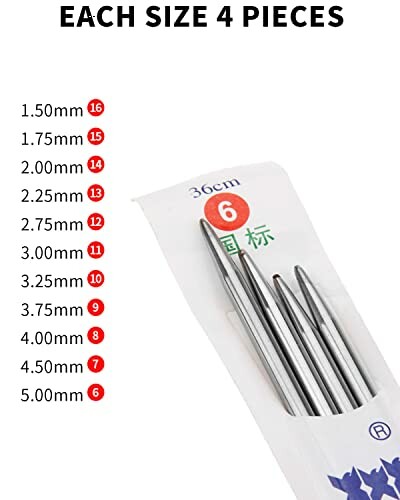 Set of knitting needles with various sizes labeled.