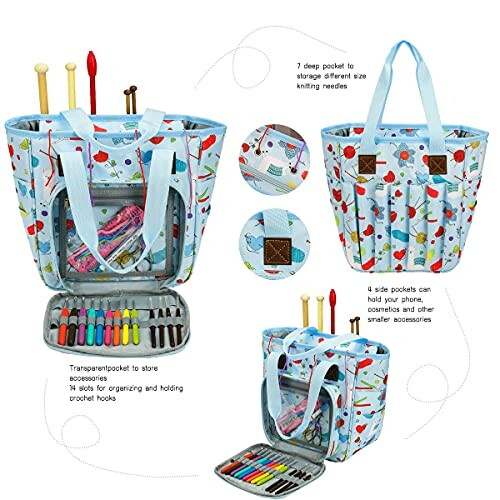 Knitting storage bag with multiple pockets and compartments for organizing knitting tools and accessories.