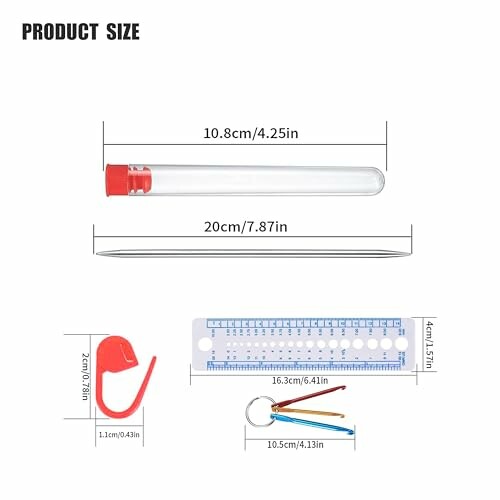 Measuring tools set with dimensions in inches and centimeters.