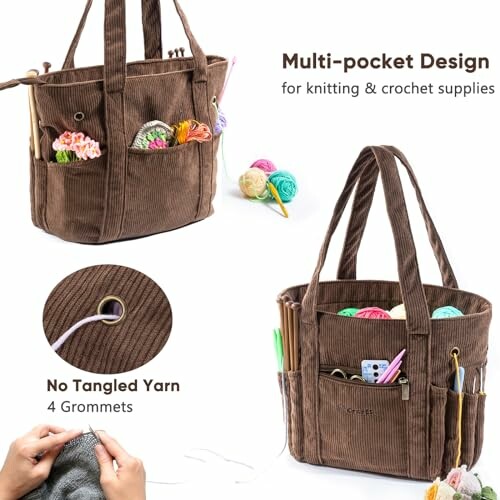 Brown multi-pocket bag for knitting and crochet supplies with yarn and accessories.