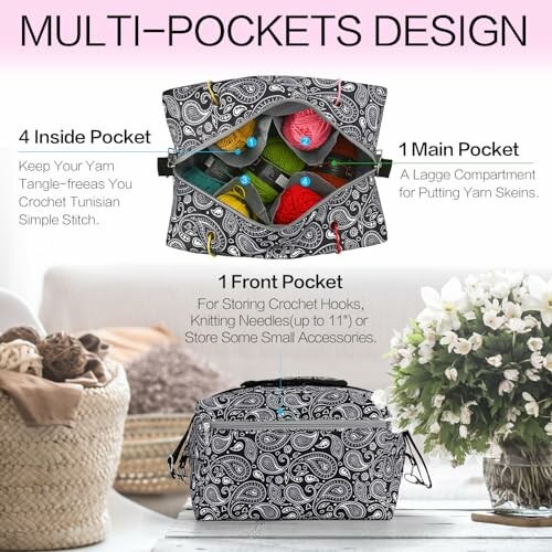 Multi-pocket crochet organizer with yarn and knitting supplies.