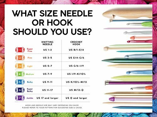 Chart showing recommended needle and hook sizes for different yarn weights.