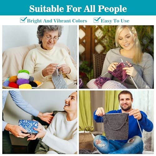 Collage of people knitting and gifting handmade items.