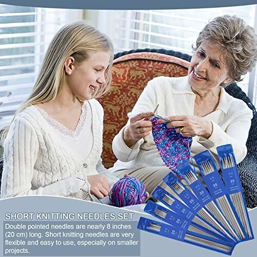 Elderly woman knitting with young girl, showcasing short knitting needles set.