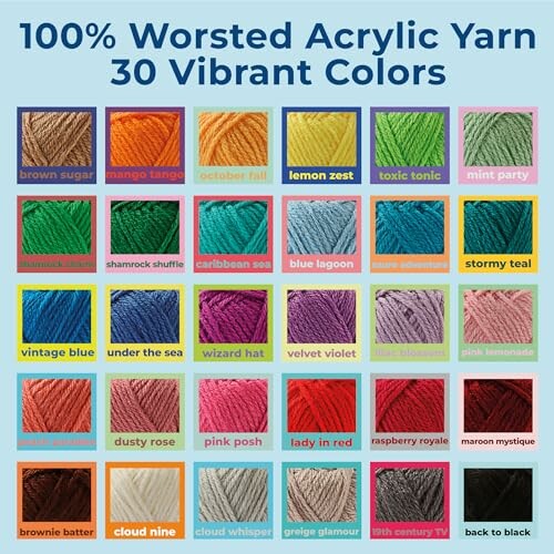 Chart showing 30 vibrant colors of 100% worsted acrylic yarn.