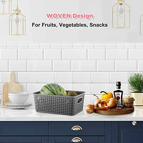 Woven basket with fruits and vegetables on kitchen counter.