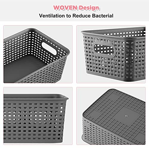 Gray woven design storage basket with ventilation feature.