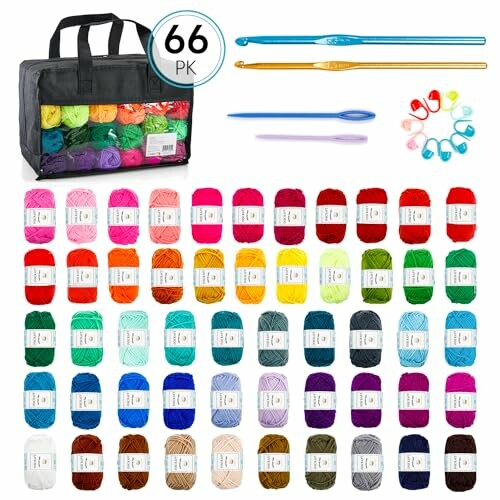 Colorful yarn set with crochet hooks and accessories.