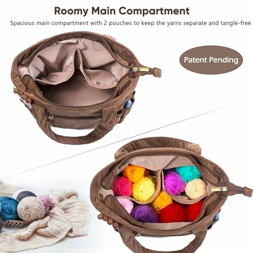 Open bag with yarn balls and knitting items showing compartment features.